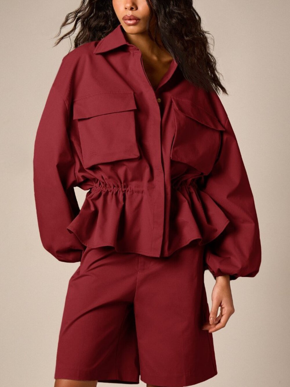 Red Casual Women's Oversized Cargo Shirt Jacket